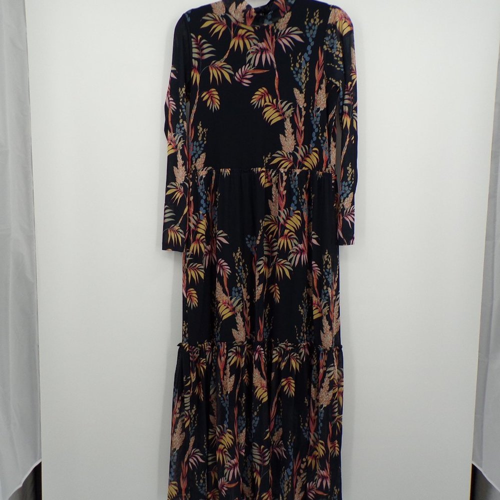 *Floral Mesh Overlay Long Sleeve High Neck Maxi Dress, Sz M